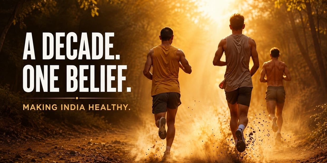 Three men running on a dusty path with motivational text.